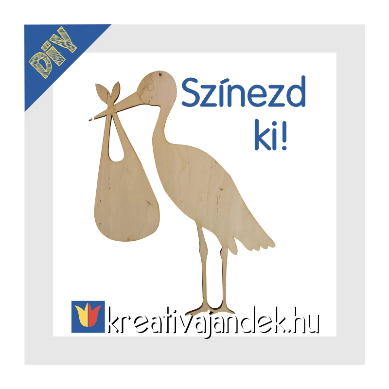 Babaváró gólya natúr fából - fesd le magad